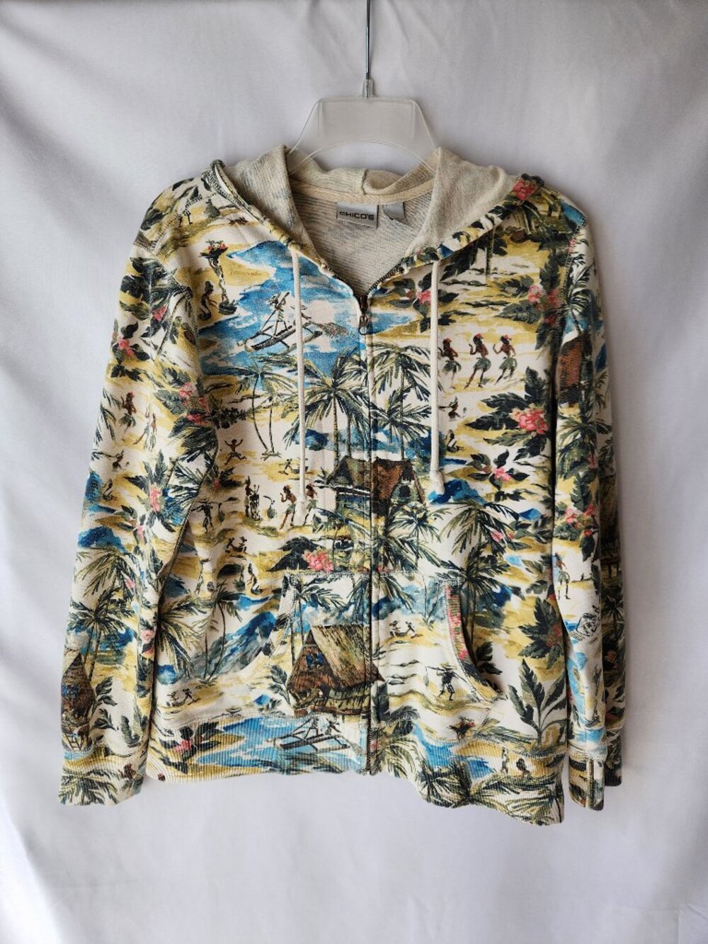 Chico's Hoodie Zip Front Tiki Print Pockets Size 1